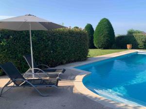 a chair with an umbrella next to a swimming pool at 5 Bed Villa, 6 Baths, View and Beautiful Pool in Divonne-les-Bains +28 photos
