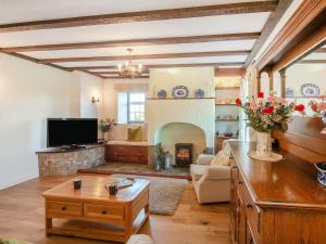 ein Wohnzimmer mit Kamin und Fernseher in der Unterkunft Penyrorsedd Cottage in Llanfachraeth