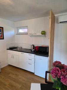 Apartmán Oáza pod Kopečkem في ميكولوف: مطبخ أبيض مع حوض وميكروويف +10 صور