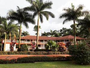 a house with palm trees in front of it at Hotel Villa De Los Angeles in Villavicencio