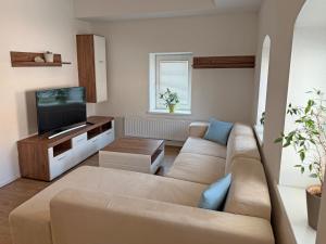 a living room with a couch and a tv at Ferienwohnung in Seenähe! in Timelkam