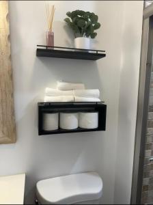 a bathroom with a black shelf above a toilet at Remodeled Townhouse in Watertown in Watertown