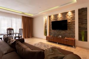 a living room with a couch and a flat screen tv at Sika President Garden & Spa Central Apartment Arad in Arad