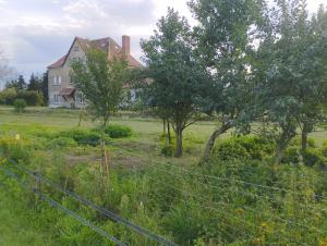 a fence in front of a house in a field at Reichsbahnwagon Sandau in Sandau