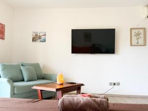 ein Wohnzimmer mit Sofa und Fernseher in der Unterkunft Charming beachfront studio in Bora Bora