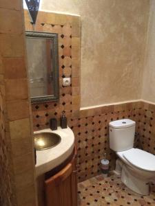 W łazience znajduje się umywalka, toaleta i lustro. w obiekcie Riad Aicha w mieście Asila