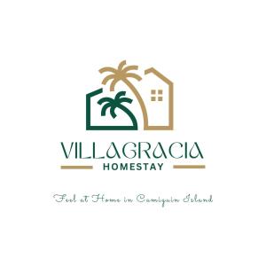 a house and palm trees and a villagggio homery logo at Villagracia Homestay in Mambajao