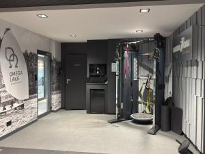 ein Fitnessraum mit einem Fitnessstudio mit einem Fahrrad an der Wand in der Unterkunft Omega Lake Apartments Nr 60 in Olsztyn