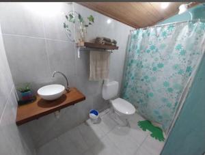 a bathroom with a toilet and a sink and a shower at La casita in Puerto Iguazú