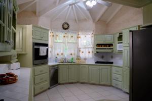 a large kitchen with green cabinets and appliances at ZenBreak Marzalea Villa 2bd in Saint James