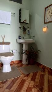 a bathroom with a toilet and a sink at Finca Balcones de Abba in Salento
