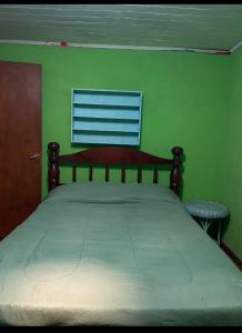 a green bedroom with a bed and a window at La casita in Puerto Iguazú +2 photos