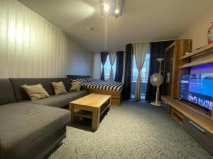 a living room with a couch and a flat screen tv at Panorama building in Eschborn