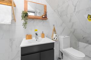 a bathroom with a sink and a toilet and a mirror at The Cosy Place - BHX Airport, NEC, HS2 & RES World in Marston Green