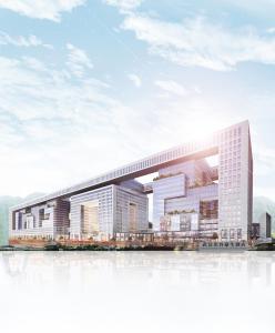 an architectural rendering of a large building on the water at 武汉光谷豪生酒店 in Wuhan