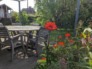Una mesa de madera con sillas y flores rojas en un patio. en Aantengössel, en Born