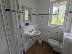 a white bathroom with a toilet and a sink at Haus Wikinger in Born +35 photos