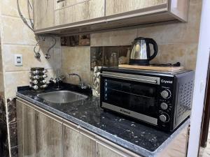 eine Küchentheke mit Mikrowelle und Spüle in der Unterkunft الاسكندريه كينج مريوط in King Mariout