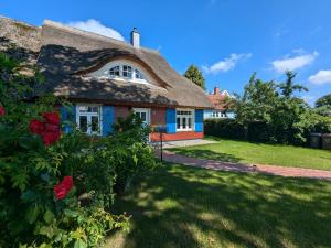 a house with a thatched roof with a yard at Eichenlund in Born