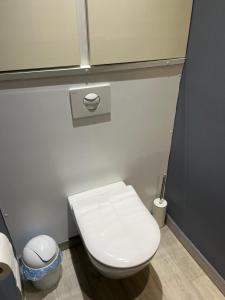 a bathroom with a white toilet and a trash can at Chez Carole in Rose Hill +9 photos
