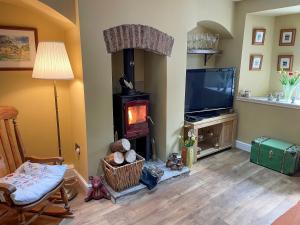 a living room with a wood stove and a television at Yew Tree Cottage in Old Brampton