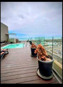 due piante in vaso appoggiate su un ponte accanto a una piscina di Nuevo Departamento Santa Rosa del Mar Coquimbo a Coquimbo Altre 9 foto