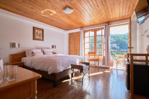 瓦拉斯Maimara Hotel的带床和木质天花板的卧室