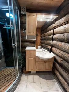 a bathroom with a sink and a wooden wall at Exclusive Cabin with lovly Northern Lights Views in Kilpisjärvi +28 photos