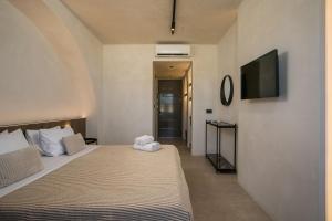 a bedroom with a bed and a flat screen tv at Ano Kampos Hotel in Faliraki