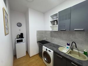 una cucina con lavello e lavatrice di ApartmentsByMatyrafa-IX a Tarnowskie Góry