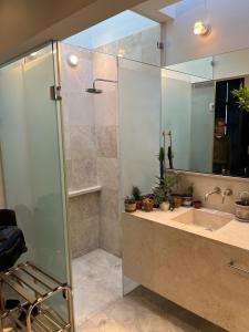 a bathroom with a shower and a sink with a mirror at Casa Dodi Loft in Juriquilla Design oasis in Juriquilla +23 photos