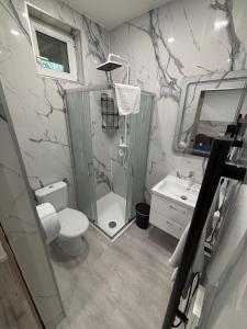 a bathroom with a shower and a toilet and a sink at Május 1 Vendégház - Szombathely in Szombathely +35 photos