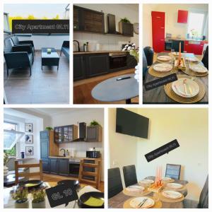 a collage of photos of a kitchen and a dining room at City Apartment GL10 in Bergisch Gladbach
