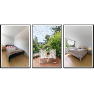 four pictures of a bedroom with a bed and a chair at La maison des Fleurs - Superbe maison sur les hauteurs de Clermont in Clermont-Ferrand