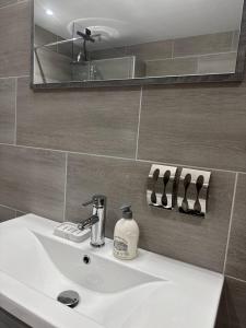 a bathroom sink with a mirror and a bottle of soap at La Dolce Vita da Elena - Appartement lumineux à Saint-Raphaël in Saint-Raphaël +47 photos