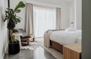 a bedroom with a bed and a chair and a plant at Halcyon Point in Hokitika Airport