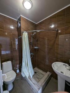 a bathroom with a shower and a toilet and a sink at SBakuri in Gonio +32 photos