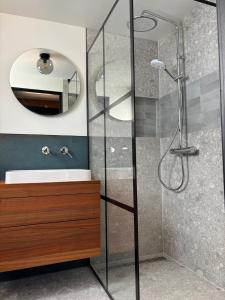a bathroom with a shower with a sink and a mirror at Huisje van Hans in Ermelo +4 photos