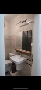 a bathroom with a sink and a toilet and a mirror at Skopje Stefanovi apartments in Skopje