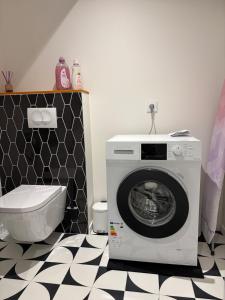 a washing machine in a bathroom with a toilet at Cozy Loft tout équipé au cœur de Saint-Lô in Saint Lo +16 photos