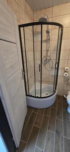 a shower with a glass door in a bathroom at Chmurka in Górno +12 photos
