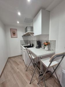a kitchen with white cabinets and a table and chairs at Studio Dijon centre et facultés in Dijon