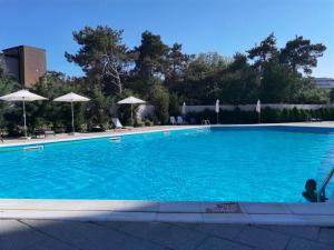 a large blue swimming pool with chairs and umbrellas at Studio Olimp Sea View Apartments in Olimp