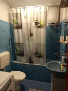 a bathroom with a shower curtain with a toilet and a sink at Apartman Goga in Pale +8 photos
