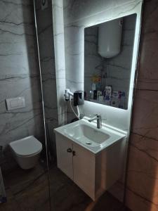 a bathroom with a sink and a toilet and a mirror at Meli Deluxe in Prizren +18 photos