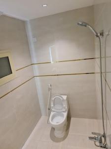 a white bathroom with a toilet and a shower at Dani Serviced Apartments in Buqayq