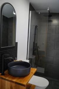 a bathroom with a blue sink and a shower at Casa Piccola in Măguri +33 photos