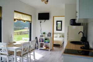 a kitchen and living room with a table and a bed at Casa Piccola in Măguri