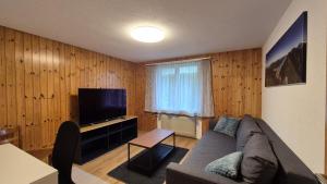 a living room with a couch and a flat screen tv at Completely refurbished comfortable apartment in Goldswil