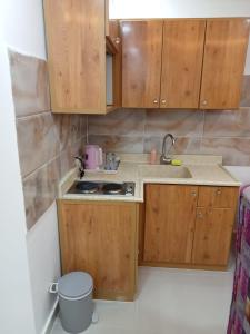 a small kitchen with wooden cabinets and a sink at Adeem Serviced Apartments in Buqayq